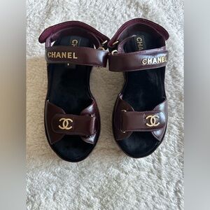 Chanel Dark Red Sandals with Gold Accents